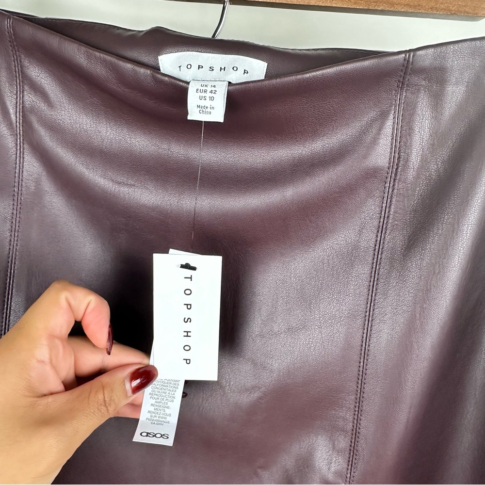 Topshop Faux Leather Mini Skirt Oxblood Slit Y2K Trendy - Picture 12 of 14